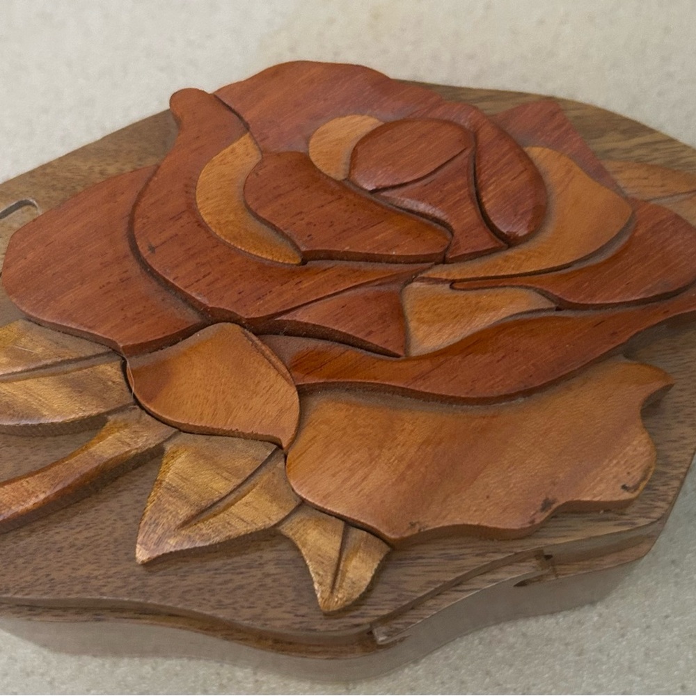 Wooden Rose  hand carved Art puzzle box
